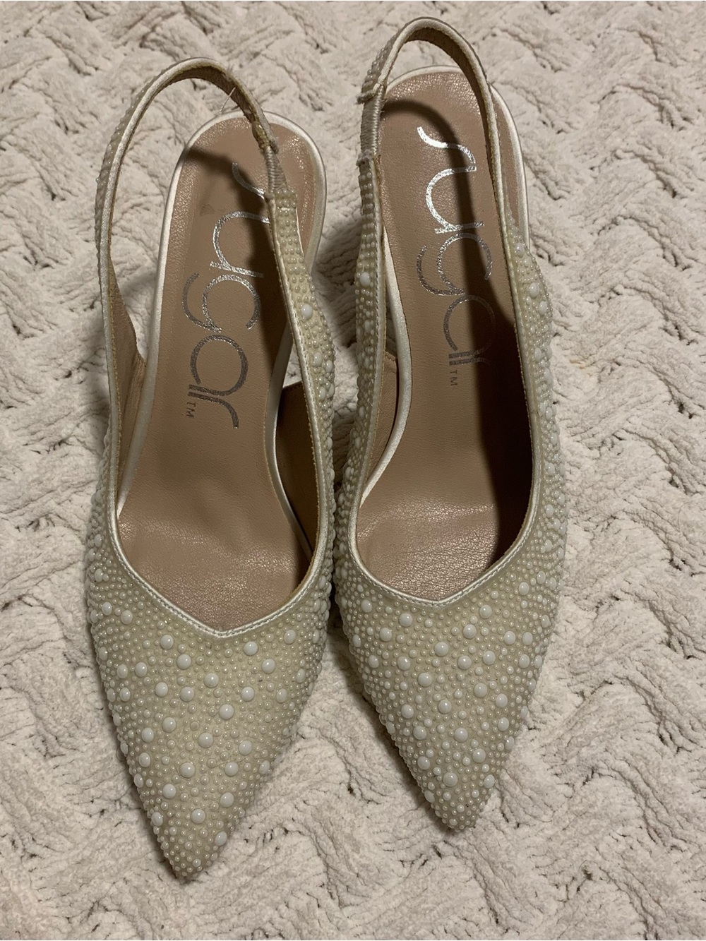 Sugar Pearl-Embellished Ivory Pointed Slingback Heels